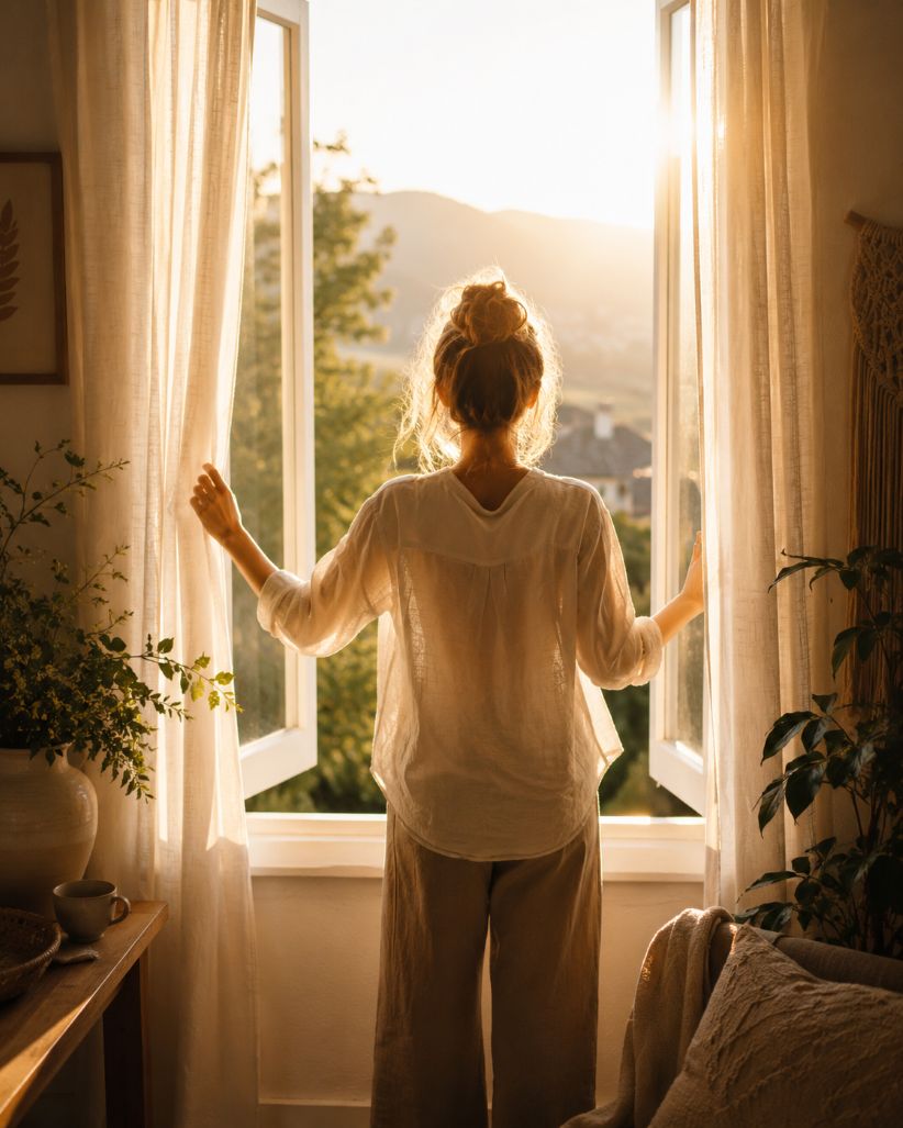 Frau öffnet morgens das Fenster und blickt in warmes Sonnenlicht