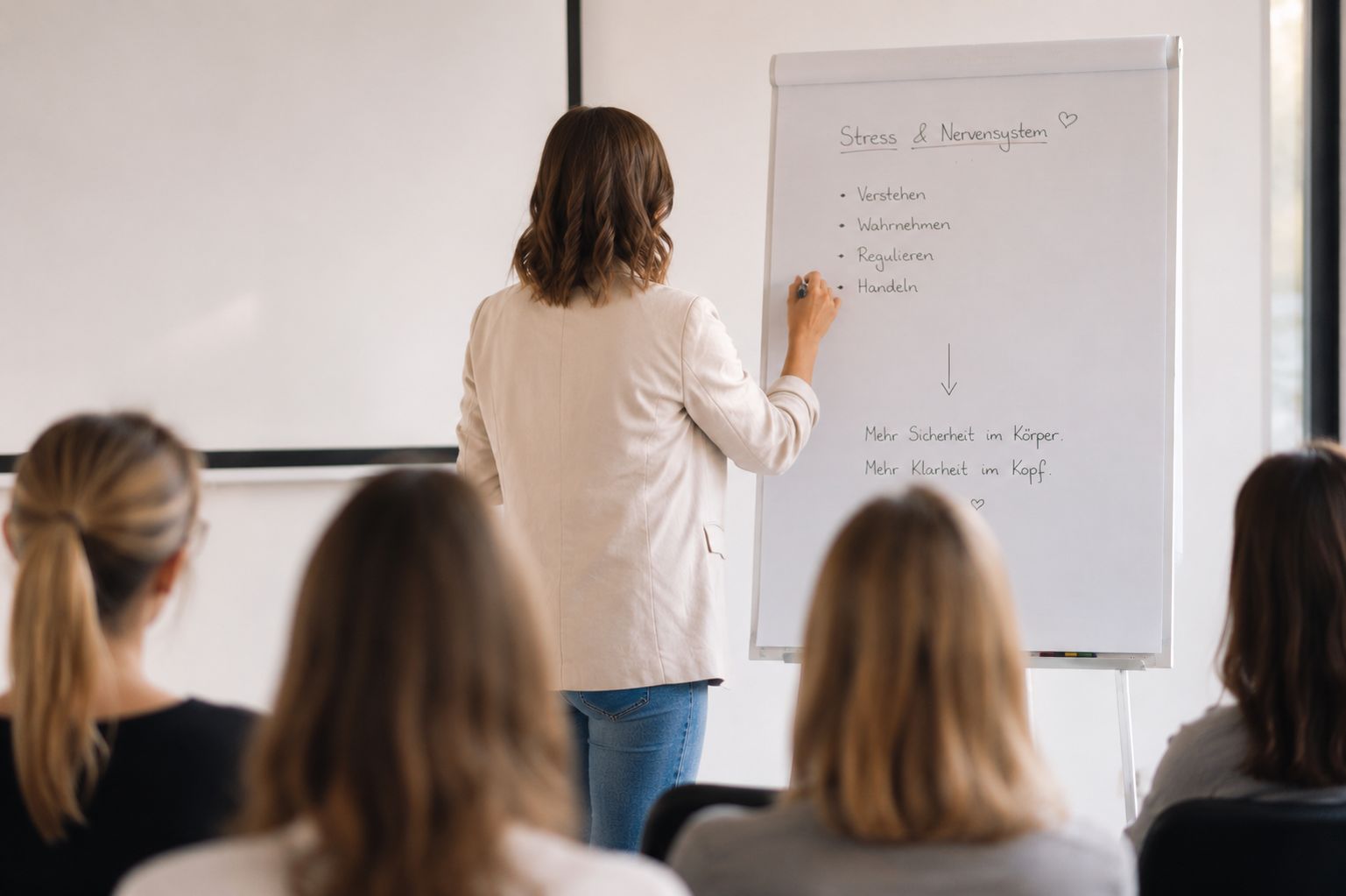 Malina Korbach schreibt an einem Flipchart zum Thema Stress und Nervensystem vor einer Gruppe von Teilnehmerinnen